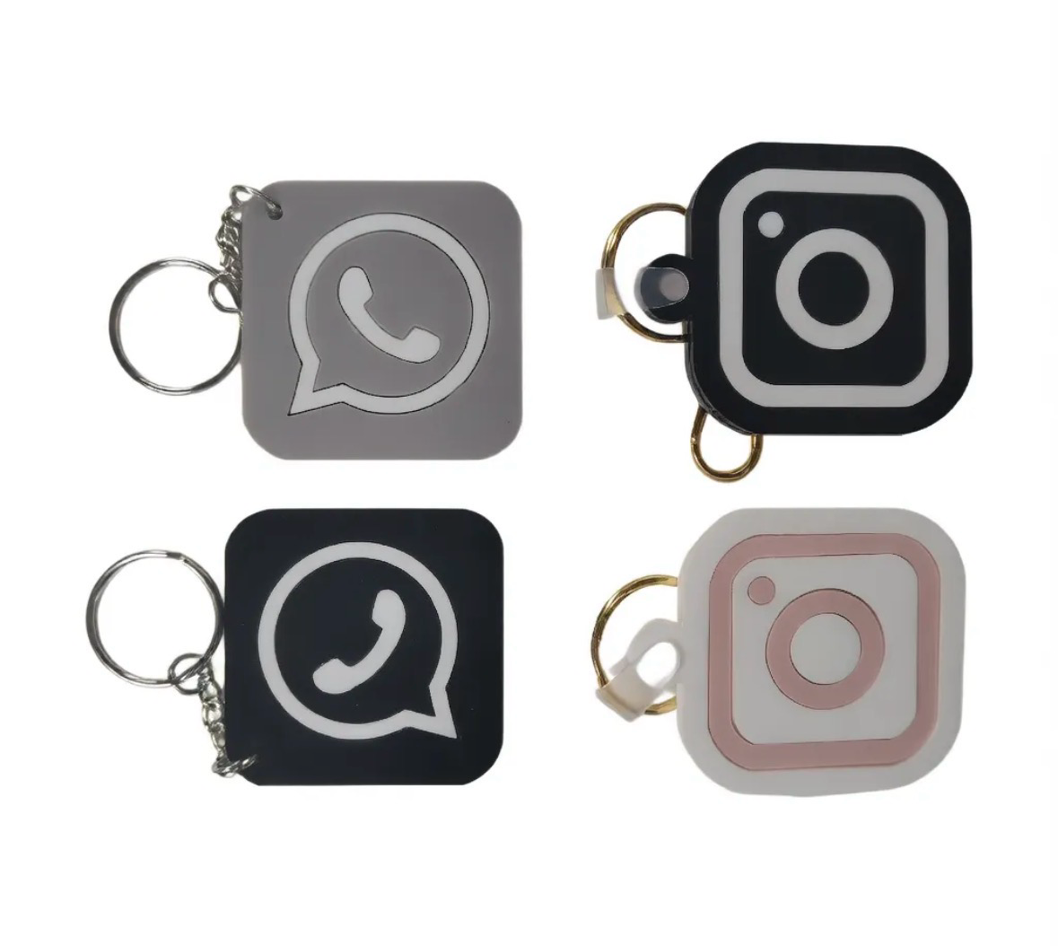 Review keychains collection - WhatsApp and Instagram styles in black and white