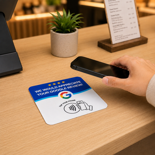 Customer tapping their phone on the RepHero Google review plate on a cafe counter